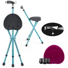 Folding Seat Cane (220lbs): 5-Level Height Adjust, LED Light, Anti-Slip Pads, Aluminum Alloy, Bonus Cushion/3 Foot Pads for Elder-Blue (Option: Default Title)