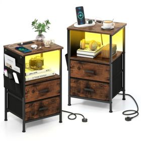 2pcs Nightstand with LED Lights & Charging Station, 2 Folding Fabric Drawers (Option: Default Title)