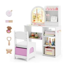 2-in-1 Kids Vanity & Writing Desk Set - LED Lighted Shatterproof Mirror (3 Color Modes), White (Option: Default Title)