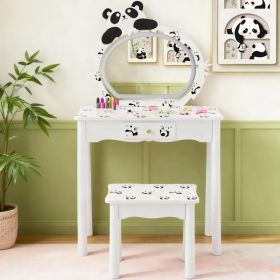 Black and white panda MDF painted finish, solid wood legs, 1-drawer children's dressing table set, LED three-color backlit touch switch (Option: Default Title)