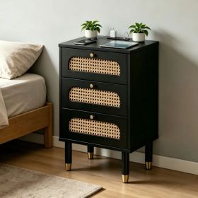 3-Drawer Nightstand with Woven Rattan Fronts and Built-in Power Outlet 15.75"*13.78"*23.82" Black (Option: Default Title)