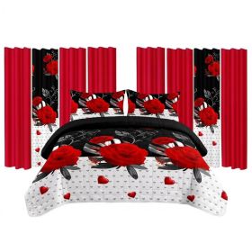 9 Piece Room In A Bag Quilt And Curtain Set, US Designer Romantic Red Rose Print Heavyweight Bedspread With 6 Customizable Window Panels, Pet-Fri (Option: King)