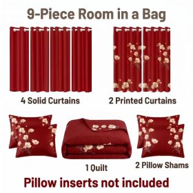 9-Piece Red Floral Quilt and Curtain Set, Reversible Microfiber Bedspread with 2 Pillow Shams and 6 Window Curtains, Queen, King and California K (Option: Queen)