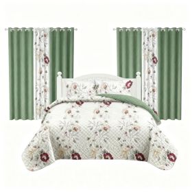 9 Piece Room In A Bag Quilt And Curtain Set, US Designer Sage Green Botanical Floral Print Heavyweight Bedspread With 6 Customizable Window Panel (Option: King)