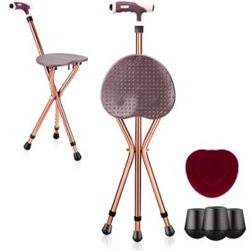 Folding Seat Cane (220lbs): 5-Level Height Adjust, LED Light, Anti-Slip Pads, Aluminum Alloy, Bonus Cushion/3 Foot Pads for Elder-Brown (Option: Default Title)