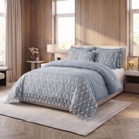 3-Piece Lace Embroidered Comforter Set with 2 Pillow Shams, Elegant Floral Bedding for Queen, King and California King Beds (Option: Light Blue-Queen)