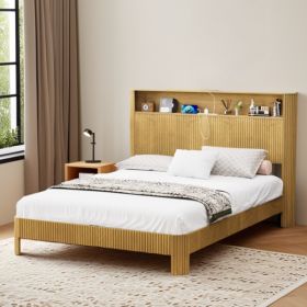 Full Extra Long(Full XL) Size bed frame with storage headboard, built-in charging station, wavy curved lines design, silent operation, metal supp (Option: Default Title)