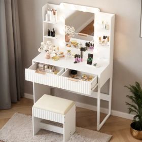 White particleboard with a melamine finish, 2 drawers, 4 shelves, a dressing table set with 10 three-tone light bulbs, a power strip, and a grill (Option: Default Title)