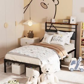 Twin Size Bed Frame with Headboard and Storage Shelf, Metal Bed, Upholstered Wooden Beds, Sturdy Frames for Bedroom Furniture, No Box Spring Need (Option: Default Title)