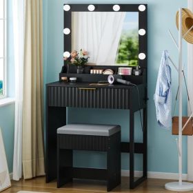 Black particleboard with a 3-compartment, 1-drawer dressing table set with 8 three-tone light bulbs, power strip, and grille series (Option: Default Title)