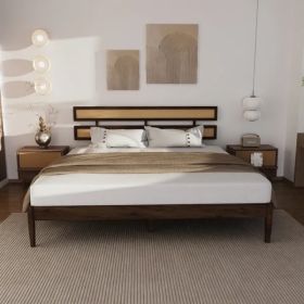 Dark walnut wood painted finish + rattan and pine wood double headboard King size bed, Bohemian style (Option: Default Title)