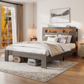 Bed Frame Queen Size, Wood Platform Bed Frame with Storage LED Light Headboard and 2 USB , Noise Free,No Box Spring Needed and Easy Assembly Tool (Option: Default Title)